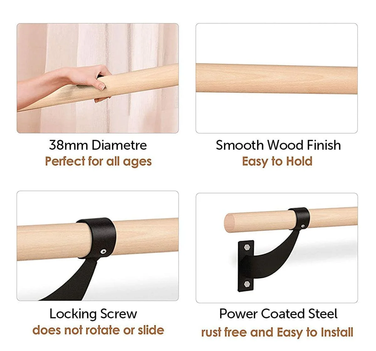 MEMAX Wall Mounted Ballet Barre – 150cm Beech Wood Dance Bar - Image 5